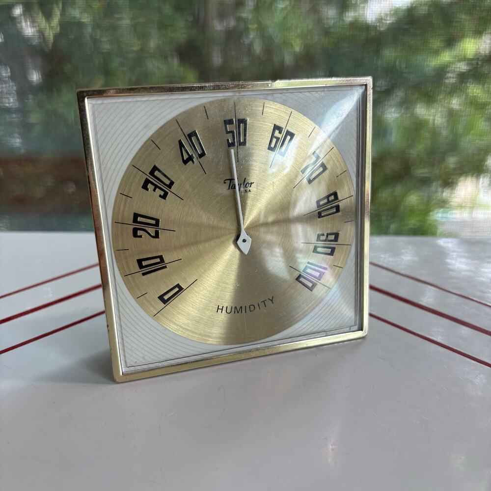 Vintage Taylor Humidity Gauge Gold Mid Century Square Hygrometer USA